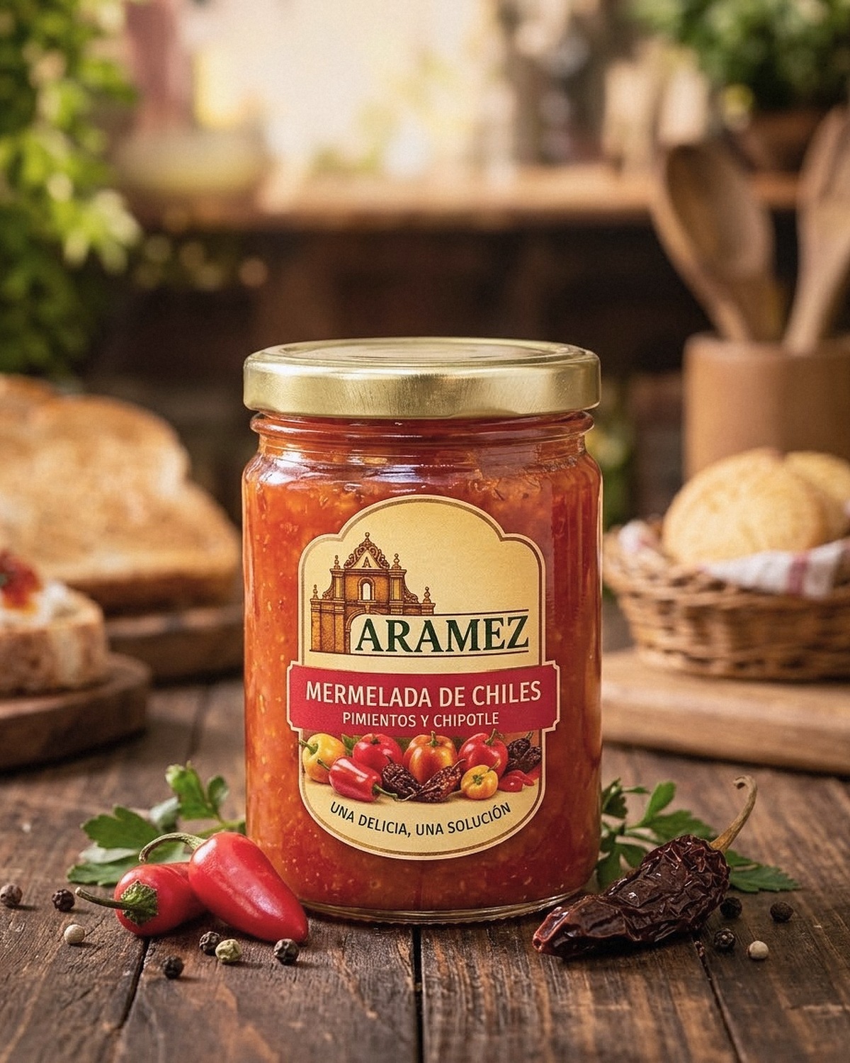 Mermelada dulce de chiles, pimientos y chipotle, fotografía ambientada