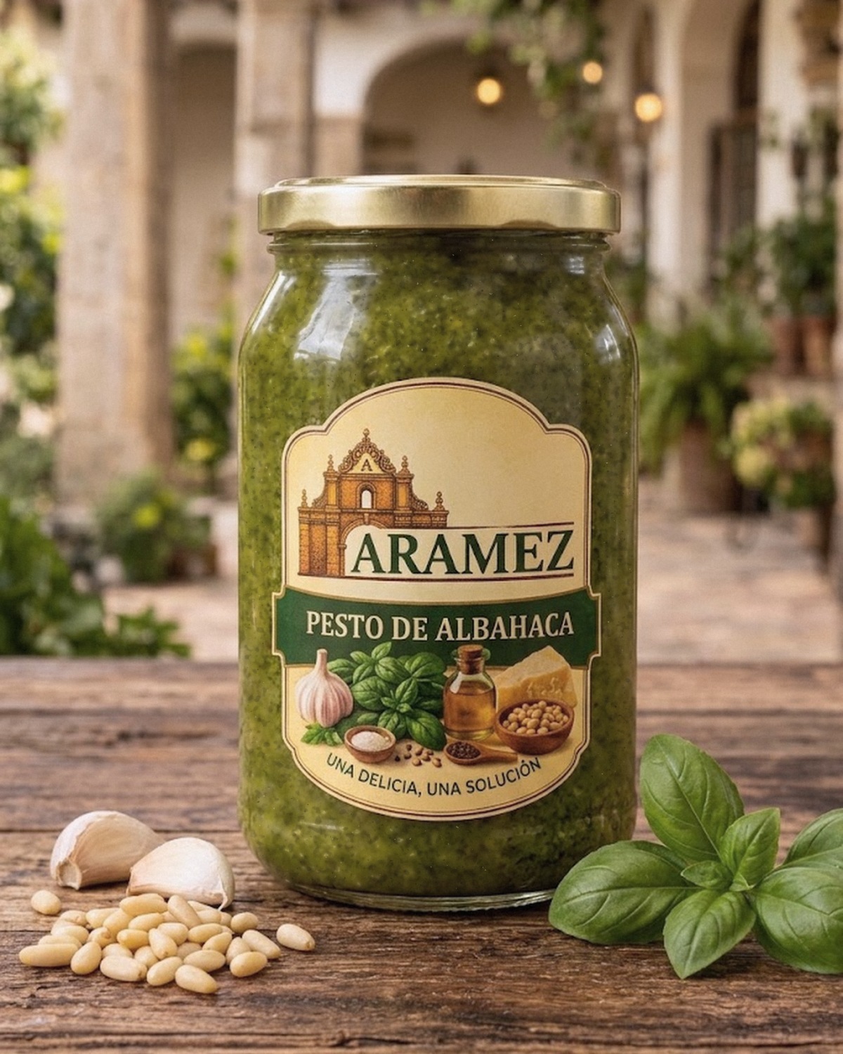Pesto de albahaca, fotografía ambientada