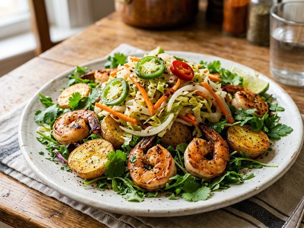 Ensalada de camarones con papas mini y Escabeche