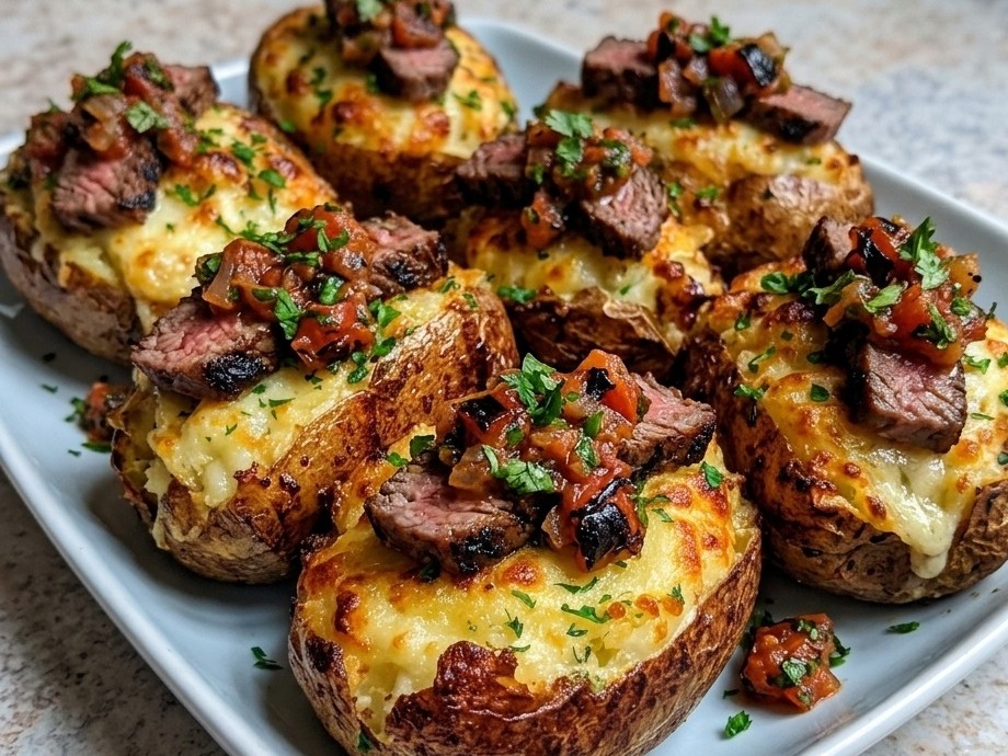 Papas gratinadas a la parrilla con carne y Chirmol asado