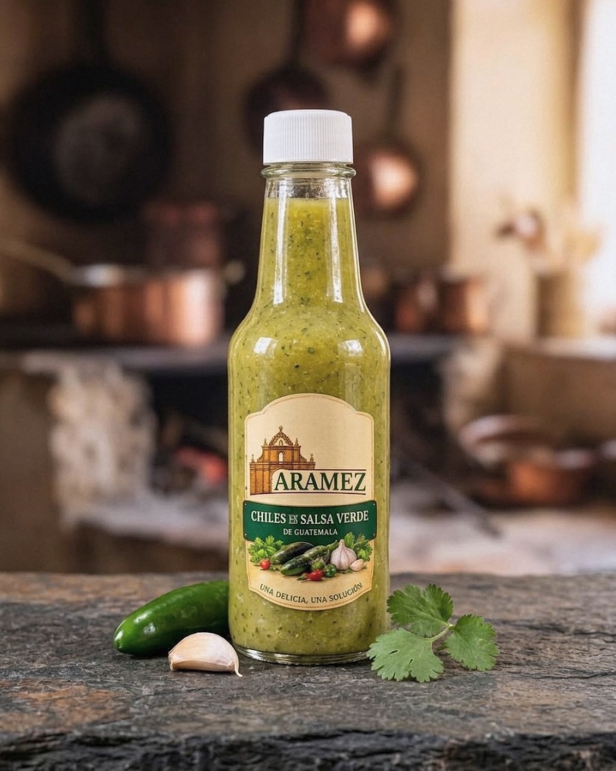 Picante de chiles en salsa verde, fotografía ambientada